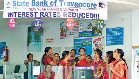 The staff of the only all-woman branch of SBT, the Secretariat View branch, at their last casual meeting as SBT staff on Friday | Manu R Mavelil