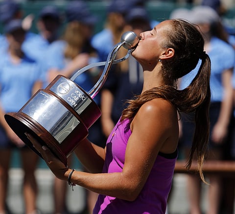 Daria Kasatkina celebrates after defeating Jelena Ostapenko, from Latvia, during their finals match at the Volvo Car Open in Charleston, S.C., Sunday, April 9, 2017. (Photo | AP)