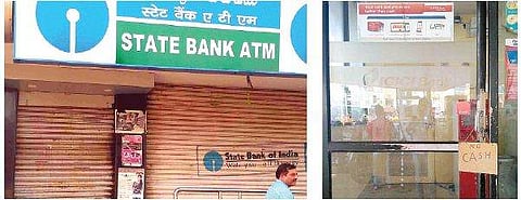 An SBI ATM has its shutters down at Ramnagar. (Right) An ATM sports ‘no cash’ board near Siripuram in Visakhapatnam on Monday | Express