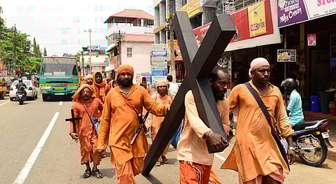 Pilgrims during the long journey to St Thomas Church, situated at Malayattoor , about 47 km from Kochi. St Thomas, the apostle of Jesus, is believed to have founded the church located at a height of 609 m on the Malayattoor Hill. The faithful pilgrims und
