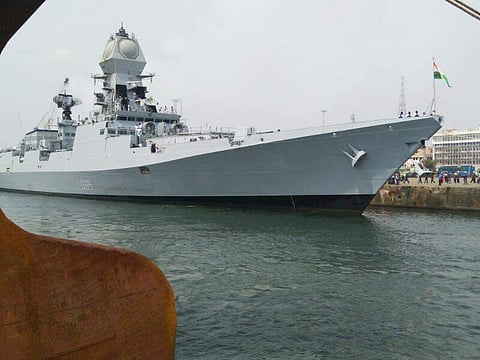 INS Chennai, a P15A Guided Missile Destroyer, anchored at the Chennai Port today. (EPS | Sampath Kumar)