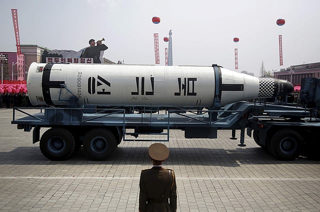 A submarine missile is paraded across the Kim Il Sung Square. | AP