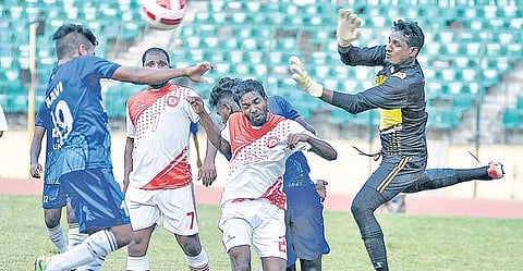 Action from the match between Chennai United FC & ICF on Friday | D SAMPATHKUMAR
