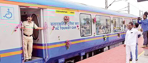 People clicking pictures of the Vistadome coaches inaugurated in Visakhapatnam on Sunday | Expres photo