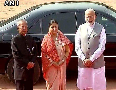 President of Nepal Bidya Devi Bhandari receives ceremonial reception at the President House. (ANI)