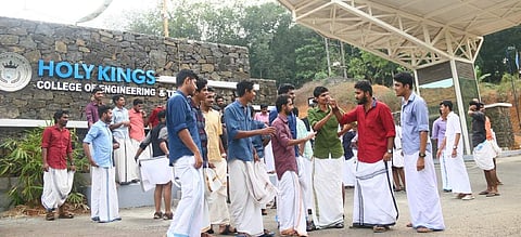 The fourth year mechanical engineering students outside the Holy Kings College, wearing ‘dhoti’ and shirt | Express