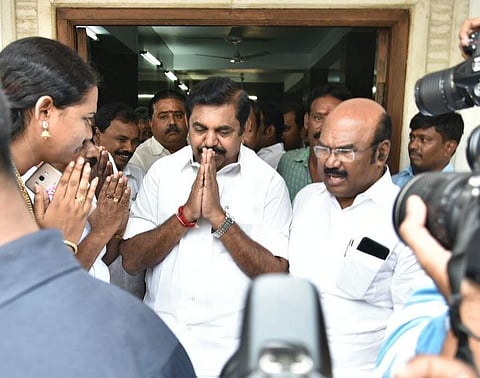 Tamilnadu CM Palaniswami comes out of AIADMK headquarters after the discussions along with senior leader D Jayakumar, on Friday in Chennai. (EPS | P Jawahar)