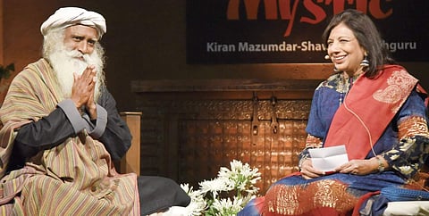 Sadhguru Jaggi Vasudev in conversation with Biocon founder Kiran Mazumdar Shaw in Bengaluru on Saturday | Nagaraja Gadekal