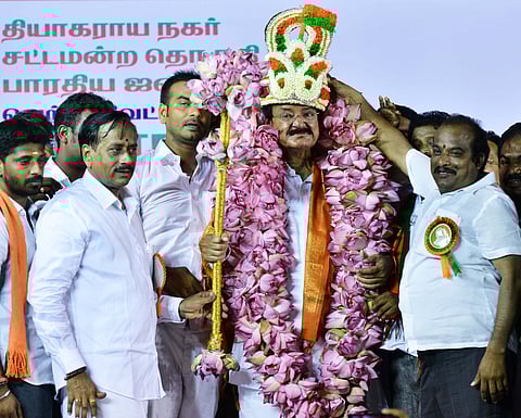 Union Minister M Venkaiah Naidu speaking to vote their party candidate H Raja at a public meeting held in Chennai. (File Photo | EPS / P Jawahar)