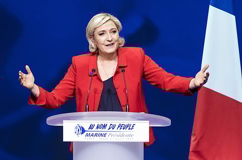In this Monday, April 17, 2017 file photo, far-right candidate for the presidential election Marine Le Pen speaks during a campaign meeting in Paris. | AP