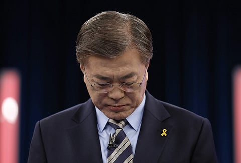 South Korean presidential candidate Moon Jae-in of the Democratic Party of Korea attends a televised debate for the upcoming May 9 presidential election with other candidates in Seoul Sunday, April 23, 2017. (Photo | AP)