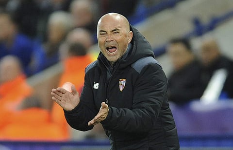 In this March 14, 2017 file photo, Sevilla's head coach Jorge Sampaoli shouts to his team during the Champions League round of 16 second leg soccer match between Leicester City and Sevilla at the King Power Stadium in Leicester, England. | AP