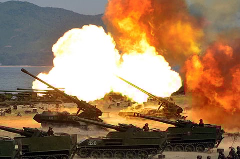 This photo released by the North Korean government on Wednesday, April 26, 2017 shows what was said to be a 'Combined Fire Demonstration' held to celebrate the 85th anniversary of the North Korean army, in North Korea. Independent journalists were not giv