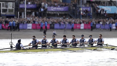 Oxford Men's crew in action during the Men's Boat Race on the River Thames, in London on Sunday. (AP)