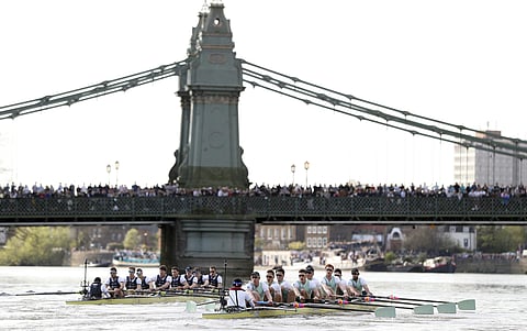 Oxford Men's crew, left, take the lead against Cambridge during the Men's Boat Race on the River Thames, in London, Sunday April 2, 2017. | AP