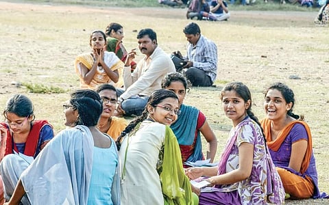Students doing last-minute revision before appearing for the JEE Mains 2017  at an examination centre in Vijayawada on Sunday | Express