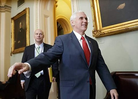Vice President Mike Pence arrives on Capitol Hill in Washington on March 14 for a Senate Republican strategy session. (File Photo | AP)