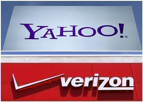 A combination photo shows Yahoo logo in Rolle, Switzerland (top) in 2012 and a Verizon sign at a retail store in San Diego, California. (File photo | Reuters)