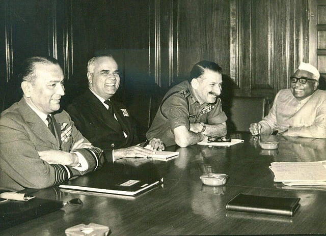 Photograph shows from right to left Defense Minister Shri.Jagjivan Ram, Chief of Army Staff, Gen. SHFJ Manekshaw, Chief of Naval Staff Admiral SM Nanda and Chief of the Air Force Staff, Air Chief Marshal P C Lal (Express Photo)