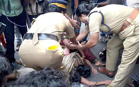 Tension prevailed near the State police headquarters after police forcibly removed and arrested Mahija, deceased Nehru college student Jishnu Prannoy’s mother who, with some others, attempted to stage a protest demanding the arrest of those responsible for Jishnu’s death.  (Kaviyoor Santhosh | EPS)