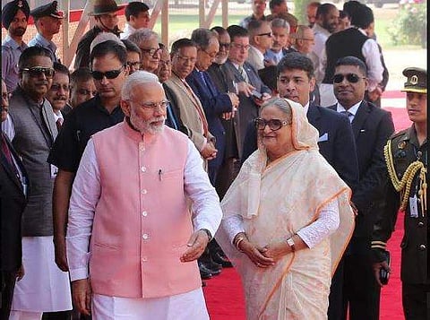 Prime Minister Narendra Modi with Bangladesh Prime Minister Sheikh Hasina during a ceremonial reception at Presidential house in New Delhi on saturday. | (Shekhar Yadav | EPS)