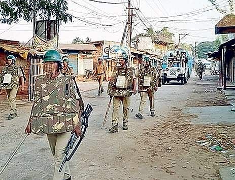 Police patrolling an area in Bhadrak on Saturday  | Express