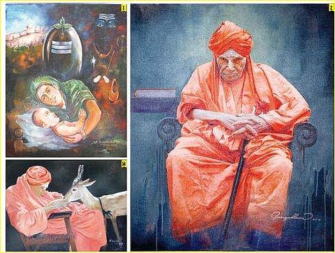 Birth of Dr Sri Sri Sri Sivakumara Mahaswamiji, painted by artist Matte Ramachandra Rao 2. Portrait of the Swamiji by Gangadhara Murthy,Compassionate saint by T H Ravi