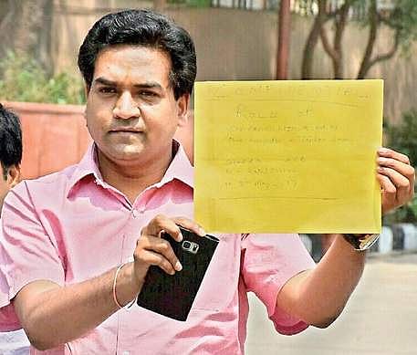 Suspended Delhi Water Minister Kapil Mishra at the ACB office on Monday| File-Shekhar Yadav