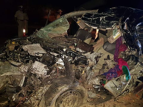 The mangled wreckage of a car that collided with a lorry in Basavakalyan town in Karnataka, Saturday morning. Five people, including a nine-year-old child, were killed in the accident. | Express Photo Service