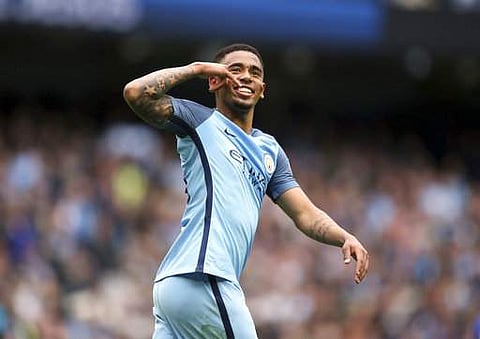 Manchester City's Gabriel Jesus celebrates scoring during the English Premier League soccer match between Manchester City and Leicester. | AP
