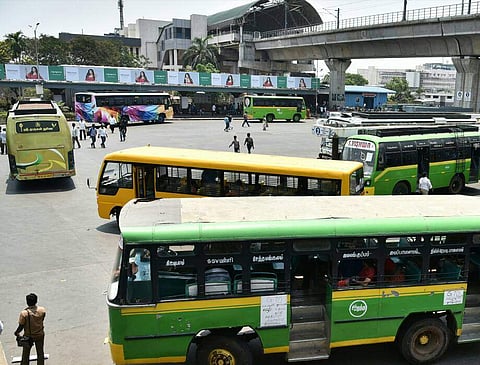 School buses used as public transport as TN transport unions continue their strike for the second day on Tuesday in Chennai. (Express photo | P Jawahar)