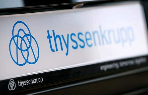 The logo of German steel-to-elevators group ThyssenKrupp AG is pictured during the company's annual news conference in Essen, Germany. (File Photo | Reuters)