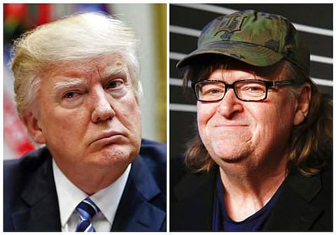 This combination photo shows President Donald Trump, left, at the White House in Washington on March 13, 2017 and filmmaker Michael Moore at the 20th Annual Webby Awards in New York on May 16. (Photo | AP)