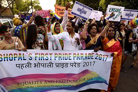 Participant's numbering around 200 from across India paraded with pride, demanding a special welfare board for Transgender/ sexual minorities and decriminalisation of  section 377 at Bhopal on Wednesday.  (Photo credit: Praveen Bajpai)