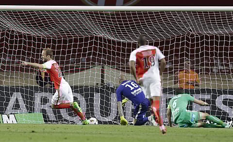 Monaco's French forward Valere Germain celebrates his goal during the League One soccer match Monaco against Saint Etienne, at the Louis II stadium in Monaco, Wednesday, May 17, 2017.  | AP