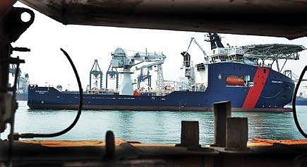 Australian Border Force vessel ‘Ocean Shield’ after it reached Chennai Port on Thursday, on its first visit to the country | D SAMPATHKUMAR