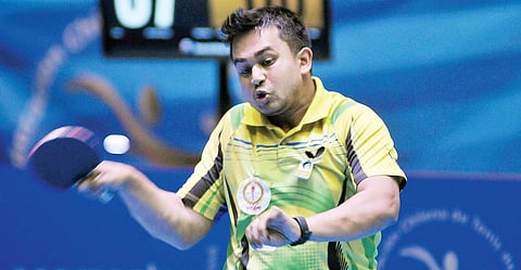 Soumyajit Ghosh hits a return against A Amalraj during the Chile Open final on Monday | ITTF