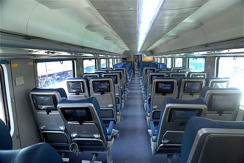 An inside view of the Tejas train at the Safdarjung railway station in New Delhi on Friday ahead of its launch on May 22. | PTI