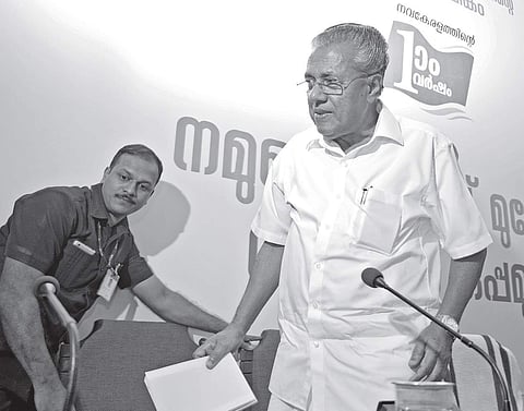 Chief Minister Pinarayi Vijayan returning after speaking to mediapersons at a press conference organised as part of the first anniversary of LDF Government in Thiruvananthapuram on Saturday | Manu R Mavelil