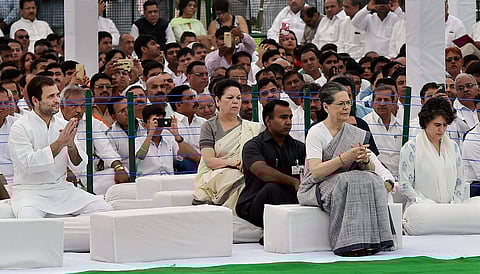Congress President Sonia Gandhi party Vice President Rahul Gandhi and Priyanka after paying tributes to former Prime Minister Rajiv Gandhi on his 26th death anniversary at his memorial 'Vir Bhumi' in New Delhi. (PTI)