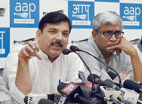 AAP leaders Sanjay Singh and Ashutosh at a press conference in New Delhi on Saturday. | PTI