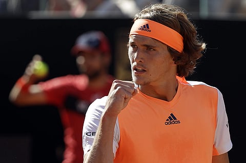 Germany's Alexander Zverev celebrates after winning a point during his final match against Serbia's Novak Djokovic at the Italian Open tennis tournament. | AP