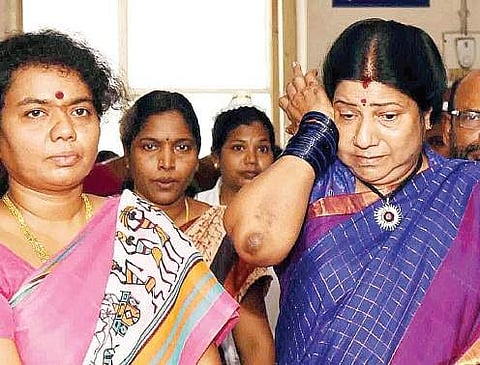 Andhra Pradesh Women Commission chairperson Nannapaneni Rajakumari breaking down after meeting the gangrape victims of Chintapalle, at KGH on Wednesday | Express