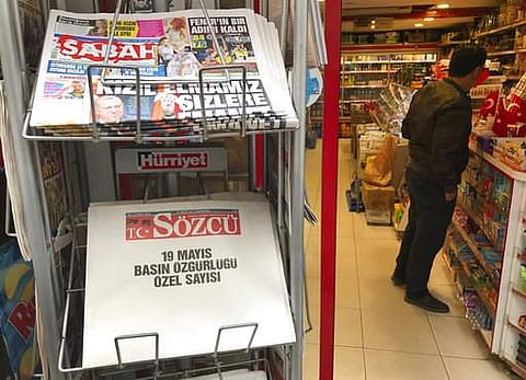 Among other Turkish newspapers for sale, copies of opposition newspaper Sozcu are seen on May 20, with the title reading in Turkish: 'May 19 Press Freedom Special Edition', in Istanbul. The nationalist newspaper has published its Saturday edition left bla
