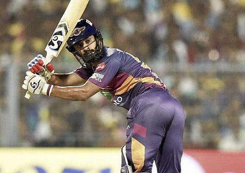 RPS cricketer Rahul Tripathi plays a shot during IPL against KKR at Eden Garden in Kolkata on Wednesday. | PTI
