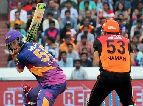 Rising Pune Supergiant batsman Ben Stokes plays a shot against Sunrisers Hyderabad during an IPL match at Hyderabad on Saturday. | PTI