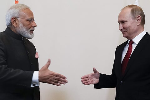 Russian President Vladimir Putin, right, shakes hands with India's Prime Minister Narendra Modi prior their talks at the St. Petersburg International Economic Forum in St. Petersburg, Russia, Thursday, June 1, 2017. (AP)
