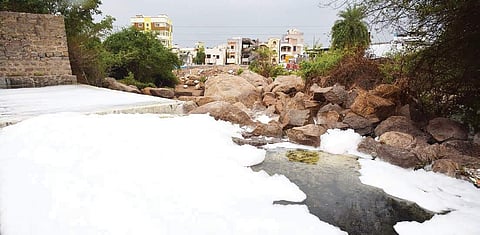 Toxic foam rises from a lake near the residential area of Dharani Nagar, Kukatpally in Hyderabad on Friday | R Satish Babu