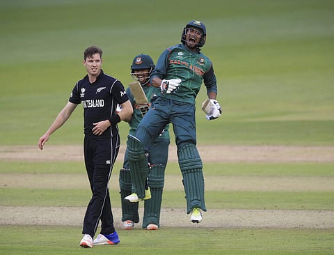 Bangladesh's Mahmudullah celebrates his side's victory over New Zealand in the ICC Champions Trophy Group A cricket match between New Zealand and Bangladesh at Sophia Gardens Cardiff Wales Friday June 9 2017. | AP