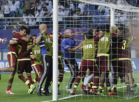 Venezuela's players celebrate after winning against Uruguay during a semi-final match in the FIFA U-20 World Cup Korea 2017 at Daejeon World Cup Stadium in Daejeon, South Korea, Thursday, June 8, 2017. | AP